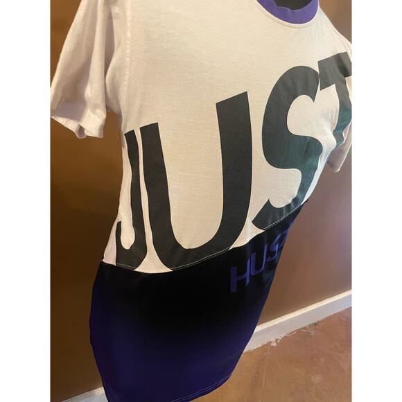 Men's Medium JUST HUSTLE Shirt Colorblock GUC Purple White Black - Picture 5 of 7